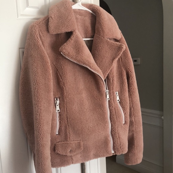 MOTHER Sherpa Fleece Rider Jacket in Tough Girl. Moto. Blush. Size Small - Picture 6 of 16